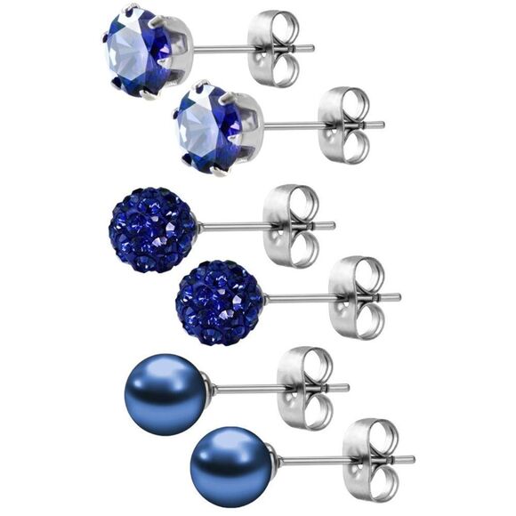 Blue Sapphire Cubic Zirconia and Pearl 316L Post Back Stud 3 Pair Earrings Set - Picture 2 of 5
